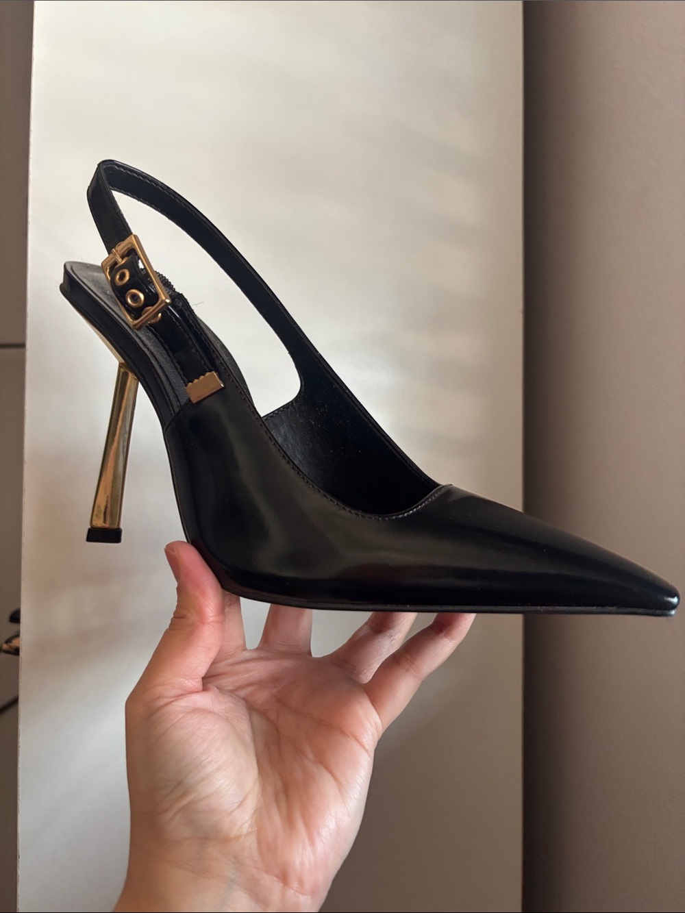 Steve Madden Black Leather Slingback Pumps with Gold Sculpted Heel